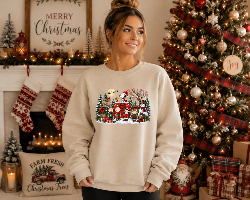 Christmas Peanuts-Inspired Holiday Crewneck Sweatshirt – Festive Winter Friends, Snowman & Christmas Tree Graphic