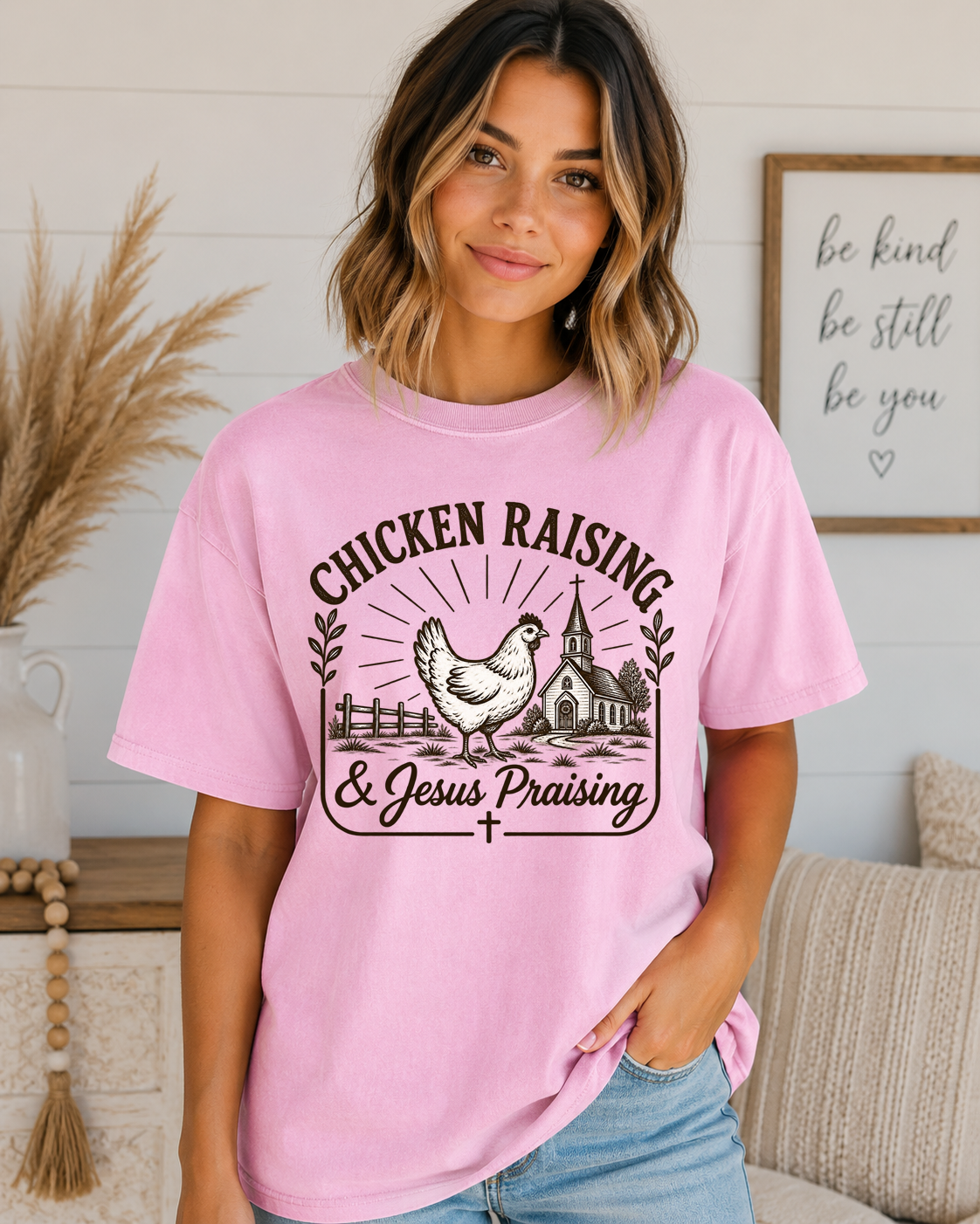 Chicken Raising & Jesus Praising Comfort Colors T-Shirt | Christian Farm Graphic Tee | Country Faith Shirt