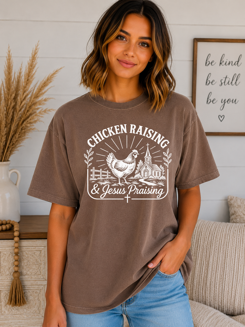 Chicken Raising & Jesus Praising Comfort Colors T-Shirt | Christian Farm Graphic Tee | Country Faith Shirt