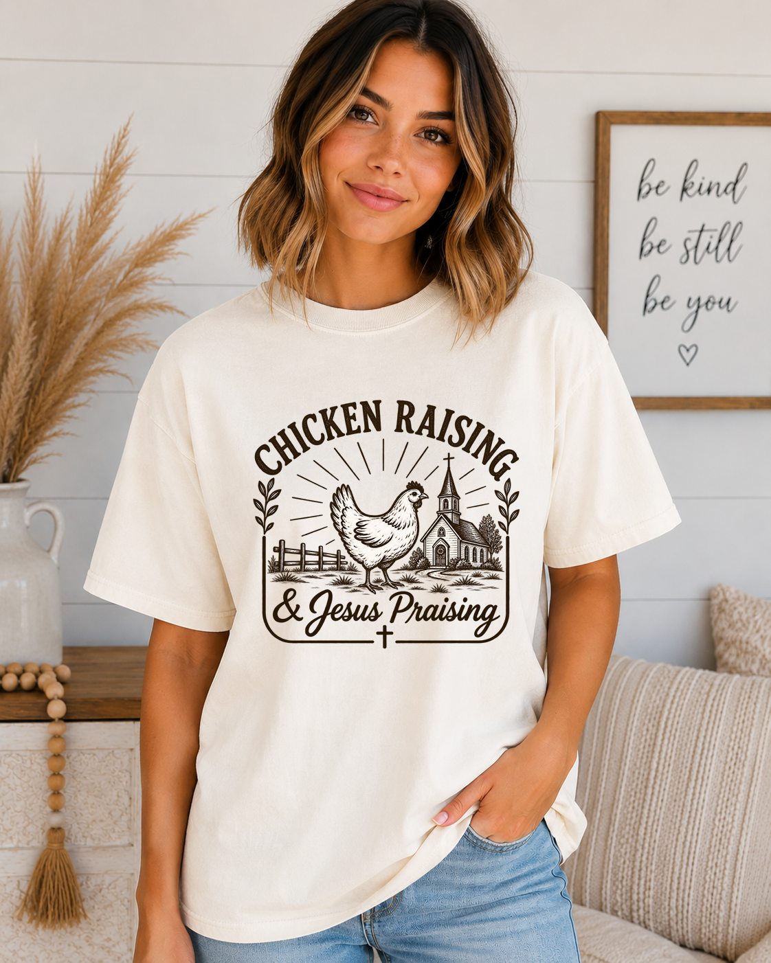 Chicken Raising & Jesus Praising Comfort Colors T-Shirt | Christian Farm Graphic Tee | Country Faith Shirt