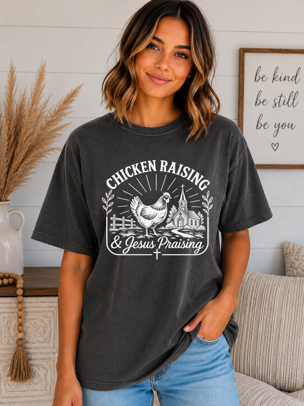 Chicken Raising & Jesus Praising Comfort Colors T-Shirt | Christian Farm Graphic Tee | Country Faith Shirt