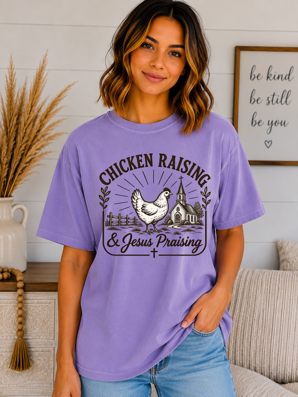 Chicken Raising & Jesus Praising Comfort Colors T-Shirt | Christian Farm Graphic Tee | Country Faith Shirt