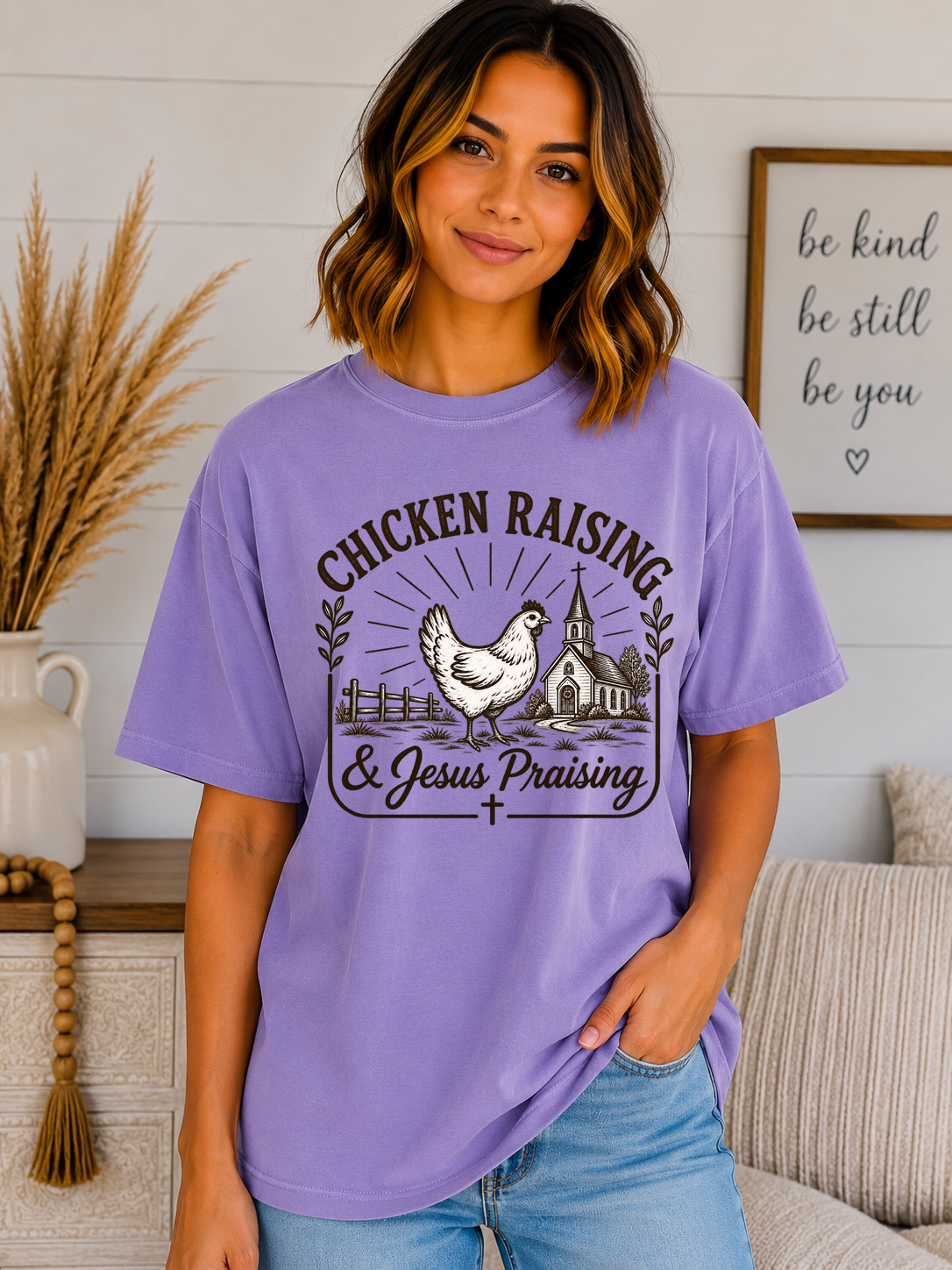 Chicken Raising & Jesus Praising Comfort Colors T-Shirt | Christian Farm Graphic Tee | Country Faith Shirt