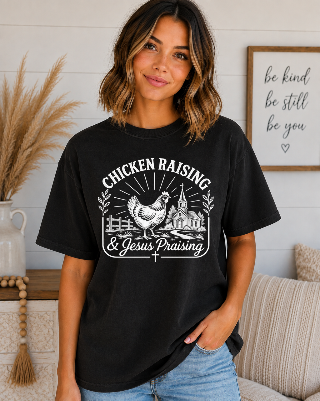 Chicken Raising & Jesus Praising Comfort Colors T-Shirt | Christian Farm Graphic Tee | Country Faith Shirt