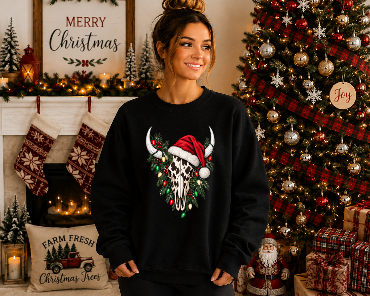 Western Christmas Cow Skull Sweatshirt – Santa Hat, Christmas Lights & Rustic Holiday Graphic Crewneck