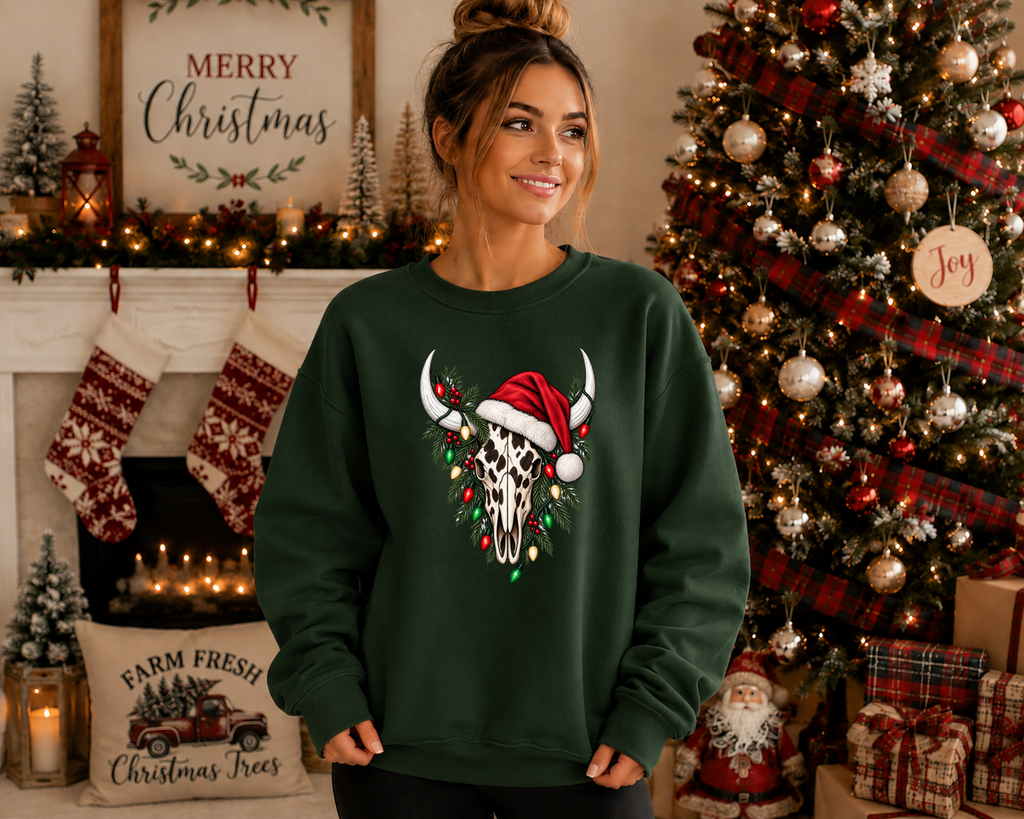 Western Christmas Cow Skull Sweatshirt – Santa Hat, Christmas Lights & Rustic Holiday Graphic Crewneck