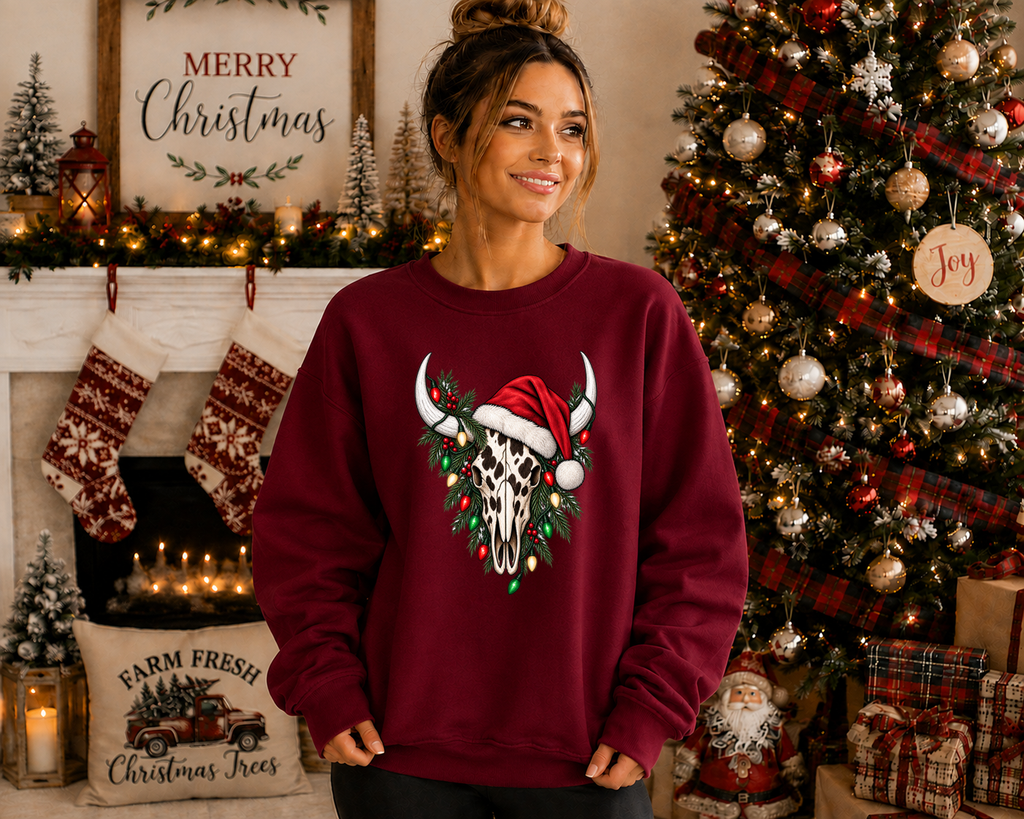 Western Christmas Cow Skull Sweatshirt – Santa Hat, Christmas Lights & Rustic Holiday Graphic Crewneck