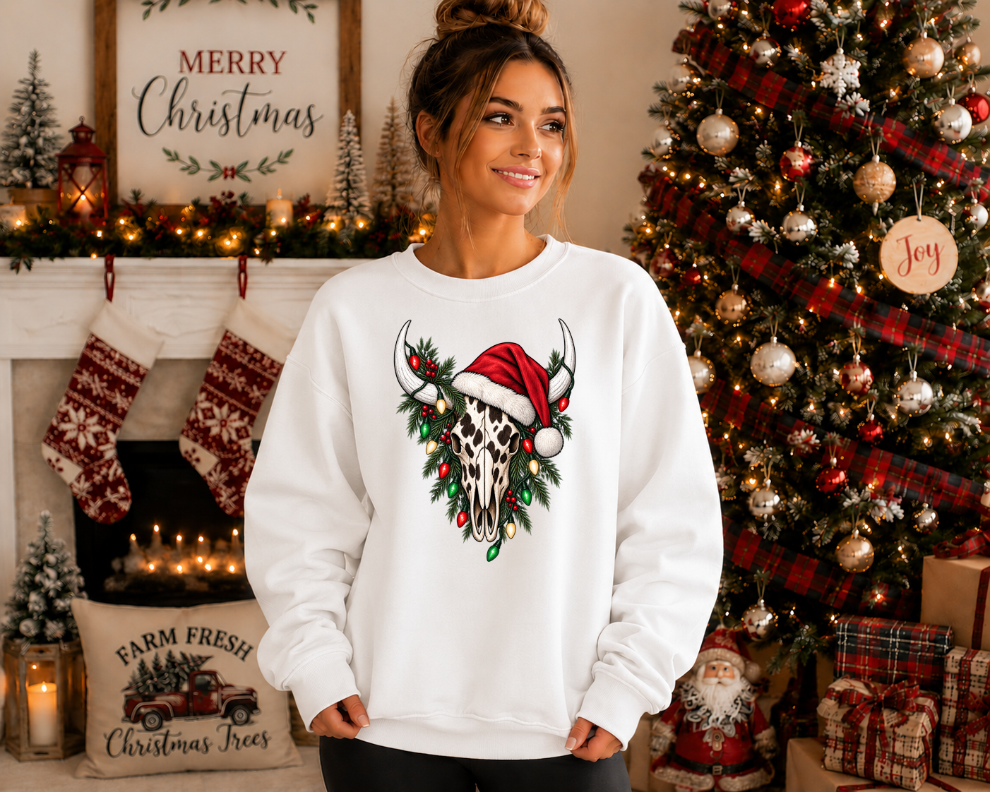 Western Christmas Cow Skull Sweatshirt – Santa Hat, Christmas Lights & Rustic Holiday Graphic Crewneck