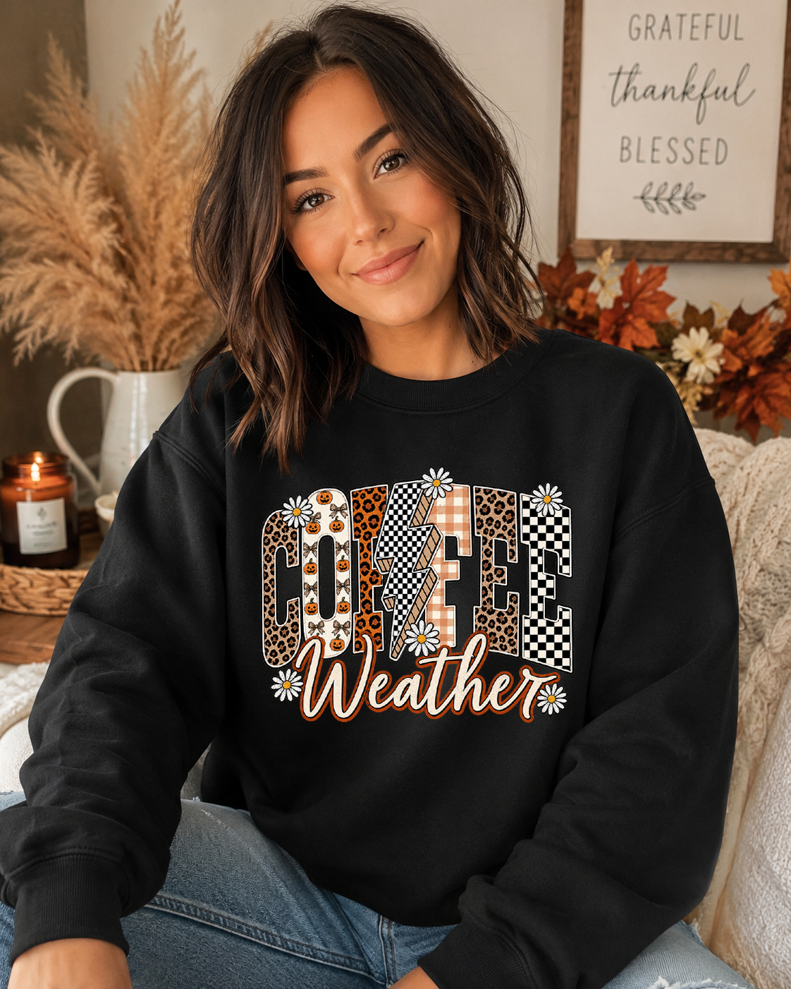 Cozy Coffee Weather Fall Gildan Sweatshirt | Cute Autumn Leopard & Checkered Graphic Crewneck
