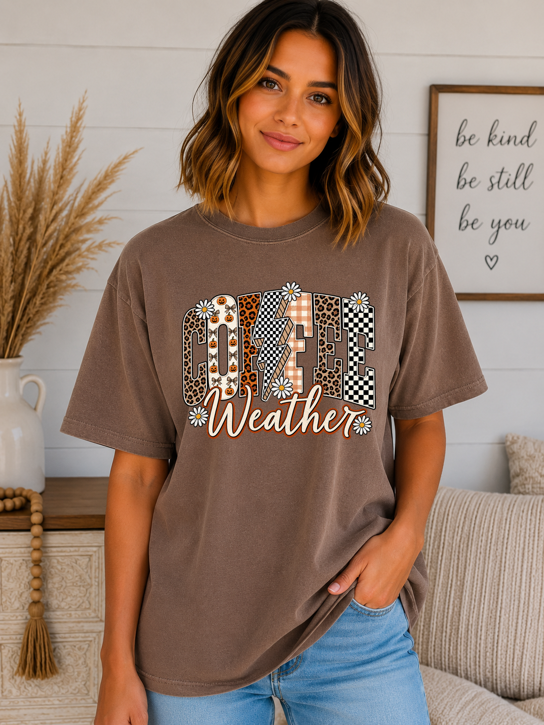 Coffee Weather Comfort Colors T-Shirt | Cute Fall Coffee Graphic Tee | Leopard & Checkered Autumn Shirt