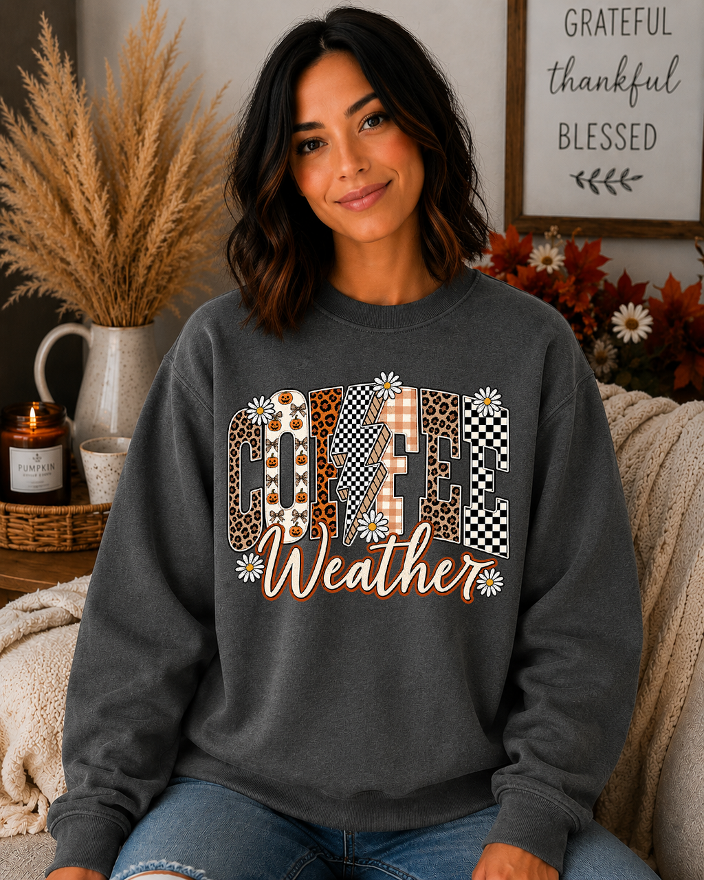 Cozy Coffee Weather Fall Gildan Sweatshirt | Cute Autumn Leopard & Checkered Graphic Crewneck