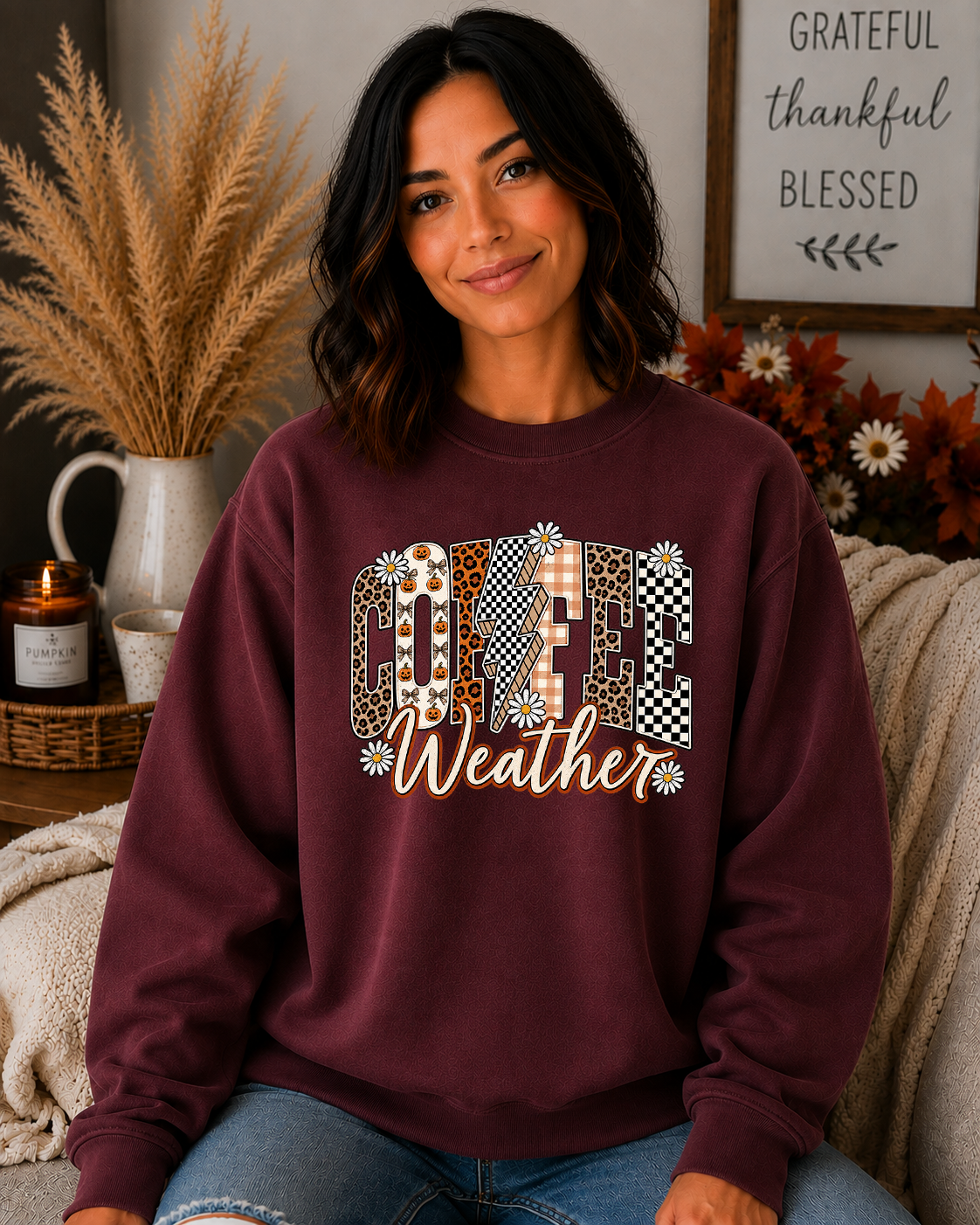 Cozy Coffee Weather Fall Gildan Sweatshirt | Cute Autumn Leopard & Checkered Graphic Crewneck