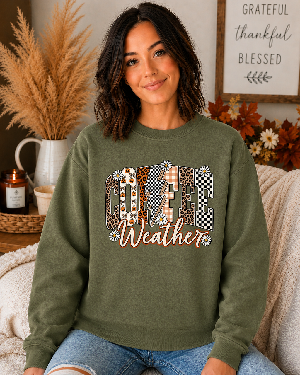 Cozy Coffee Weather Fall Gildan Sweatshirt | Cute Autumn Leopard & Checkered Graphic Crewneck