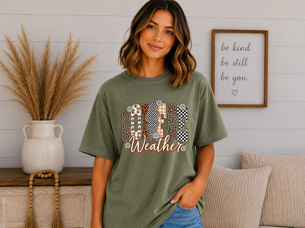 Coffee Weather Comfort Colors T-Shirt | Cute Fall Coffee Graphic Tee | Leopard & Checkered Autumn Shirt
