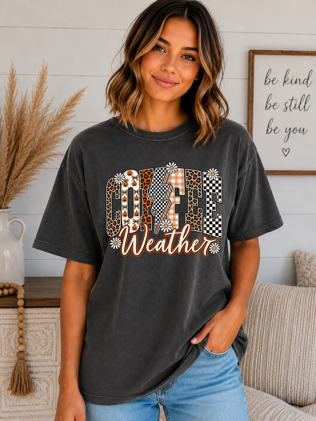 Coffee Weather Comfort Colors T-Shirt | Cute Fall Coffee Graphic Tee | Leopard & Checkered Autumn Shirt
