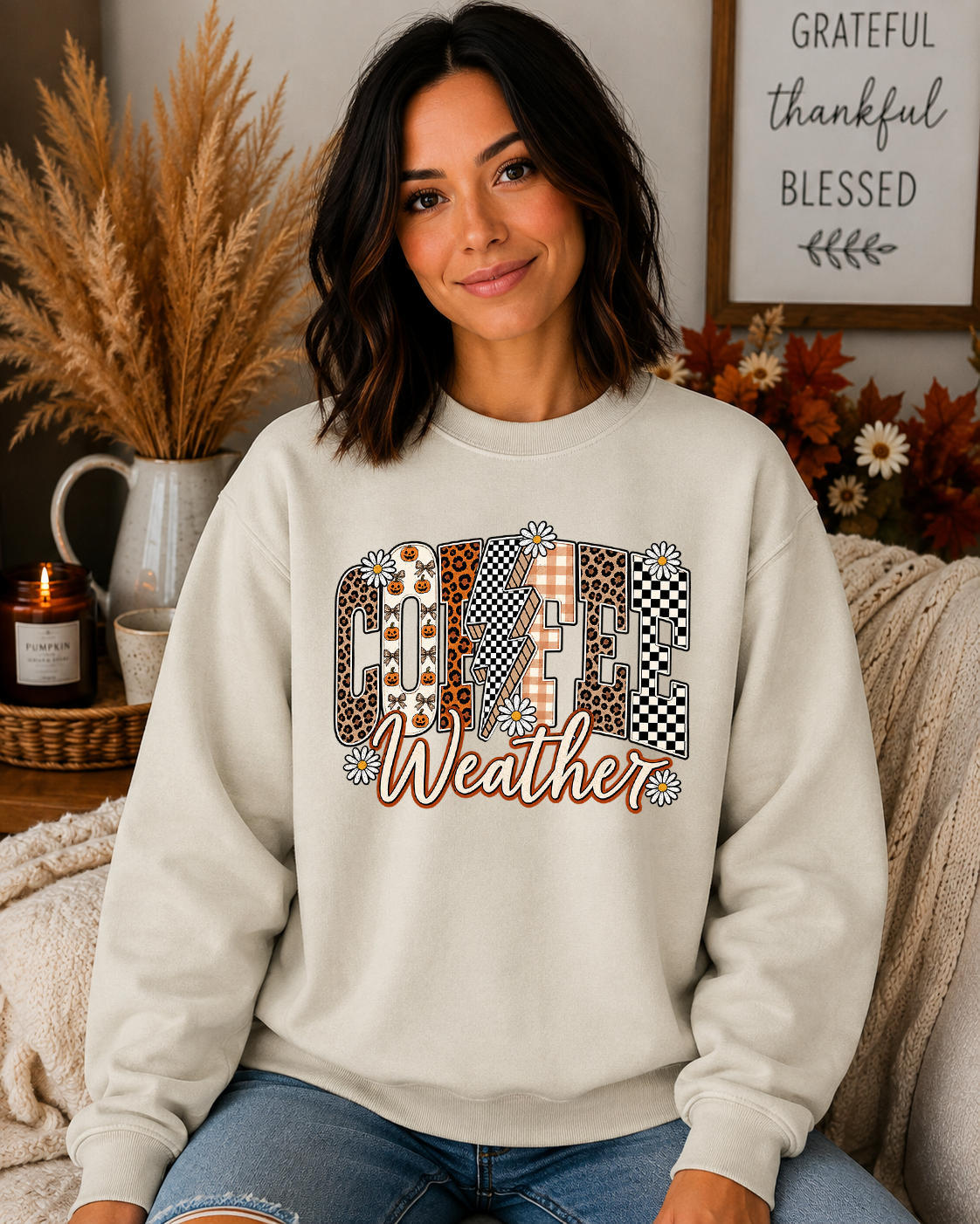 Cozy Coffee Weather Fall Gildan Sweatshirt | Cute Autumn Leopard & Checkered Graphic Crewneck