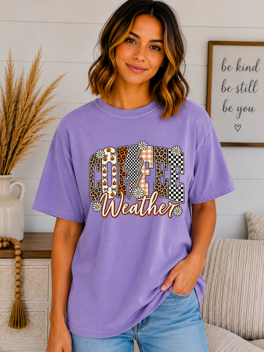 Coffee Weather Comfort Colors T-Shirt | Cute Fall Coffee Graphic Tee | Leopard & Checkered Autumn Shirt