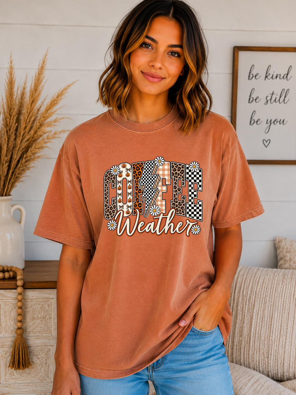 Coffee Weather Comfort Colors T-Shirt | Cute Fall Coffee Graphic Tee | Leopard & Checkered Autumn Shirt