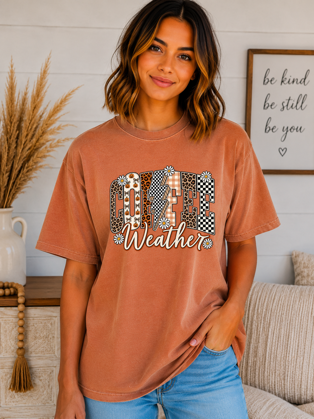 Coffee Weather Comfort Colors T-Shirt | Cute Fall Coffee Graphic Tee | Leopard & Checkered Autumn Shirt