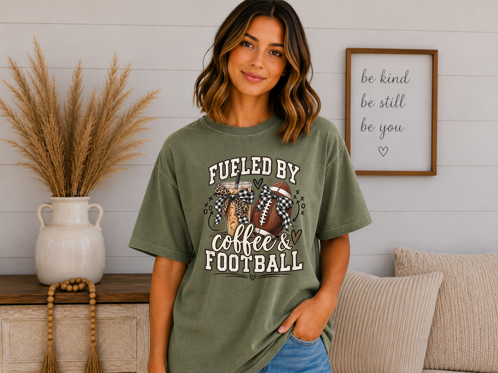 Fueled by Coffee & Football Comfort Colors T-Shirt | Football Mom Game Day Tee | Coffee Lover Football Shirt | Friday Night Lights Tee