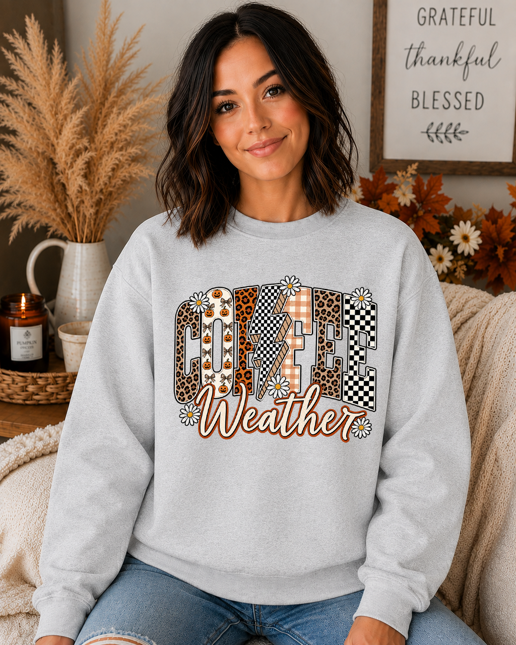 Cozy Coffee Weather Fall Gildan Sweatshirt | Cute Autumn Leopard & Checkered Graphic Crewneck