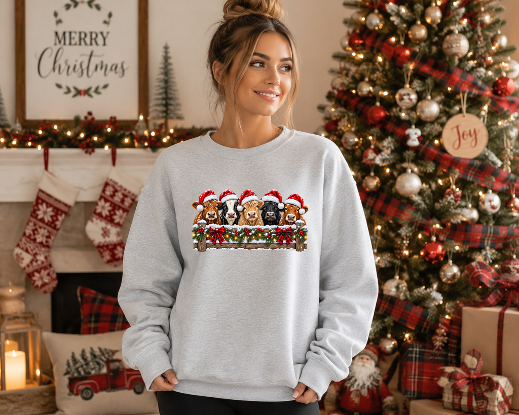 Christmas Cow Gildan Sweatshirt – Festive Farm Cow Crewneck, Santa Hat Cow Christmas Sweatshirt, Rustic Holiday Graphic Sweatshirt