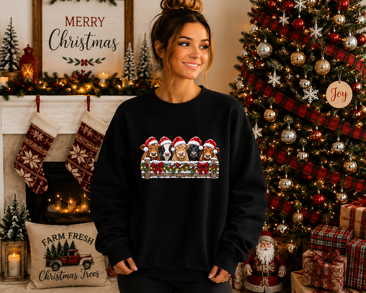 Christmas Cow Gildan Sweatshirt – Festive Farm Cow Crewneck, Santa Hat Cow Christmas Sweatshirt, Rustic Holiday Graphic Sweatshirt