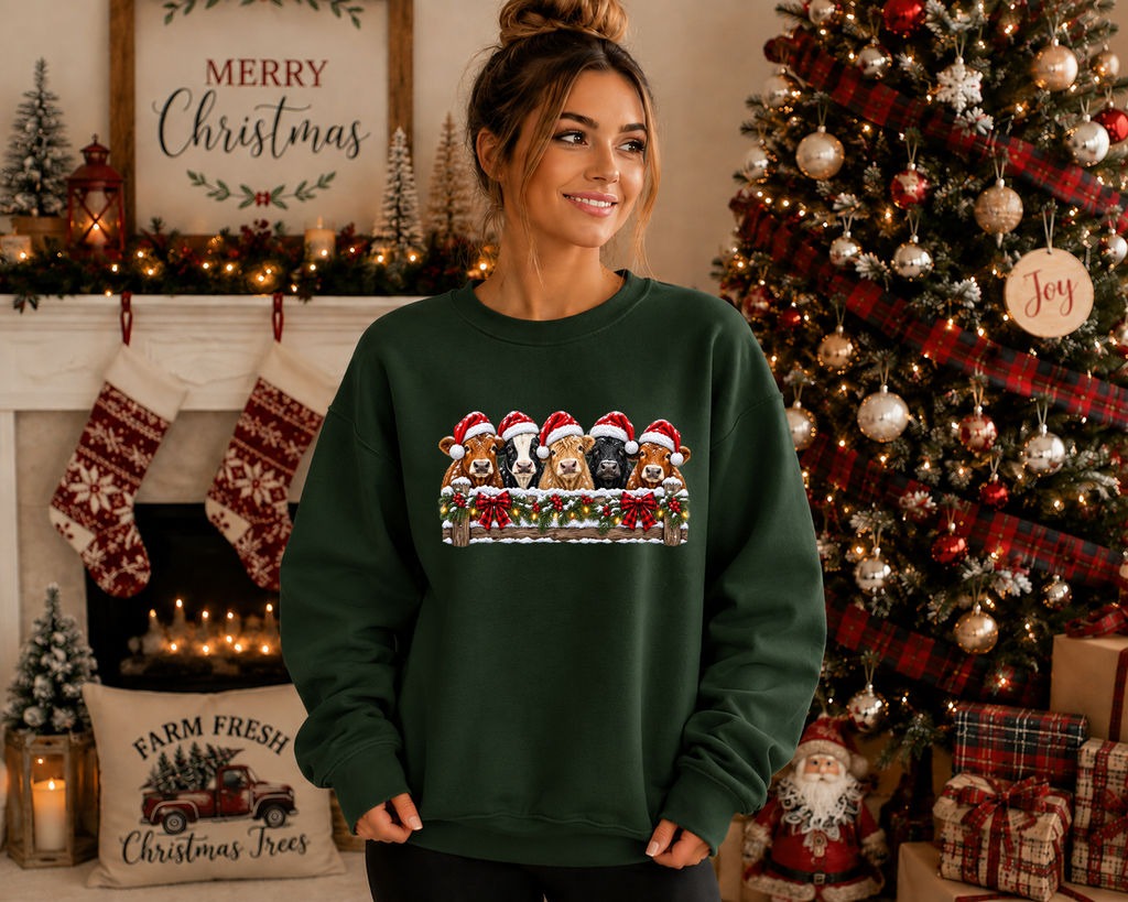 Christmas Cow Gildan Sweatshirt – Festive Farm Cow Crewneck, Santa Hat Cow Christmas Sweatshirt, Rustic Holiday Graphic Sweatshirt