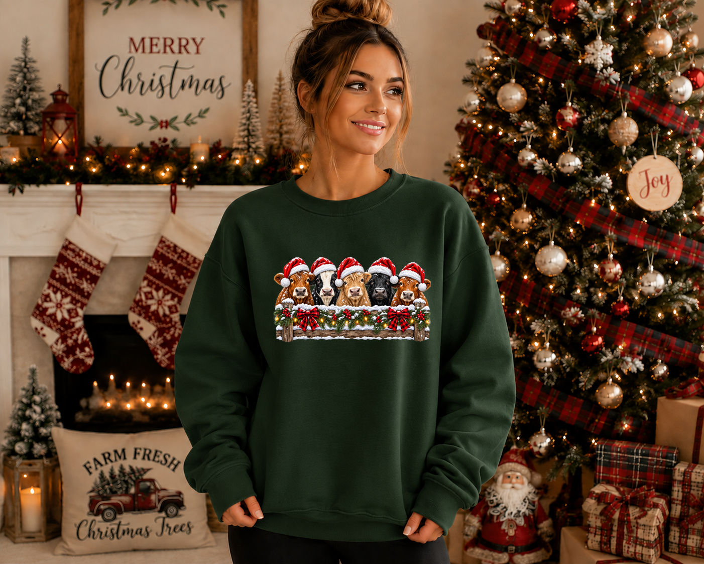 Christmas Cow Gildan Sweatshirt – Festive Farm Cow Crewneck, Santa Hat Cow Christmas Sweatshirt, Rustic Holiday Graphic Sweatshirt