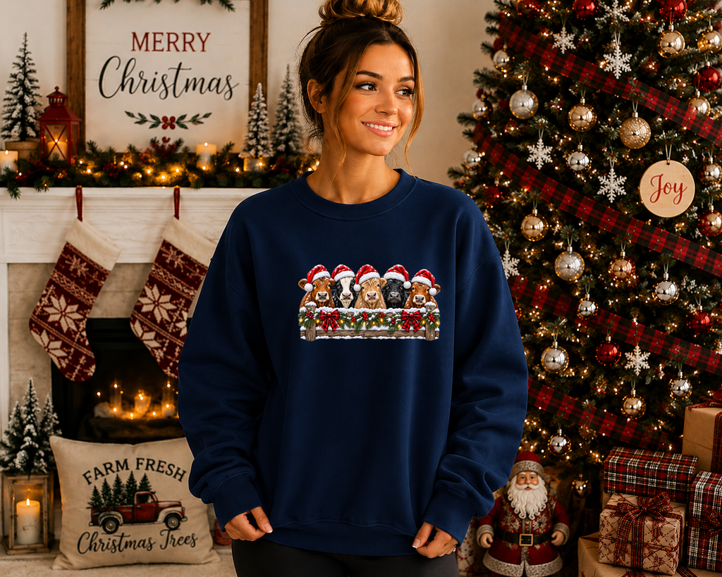Christmas Cow Gildan Sweatshirt – Festive Farm Cow Crewneck, Santa Hat Cow Christmas Sweatshirt, Rustic Holiday Graphic Sweatshirt