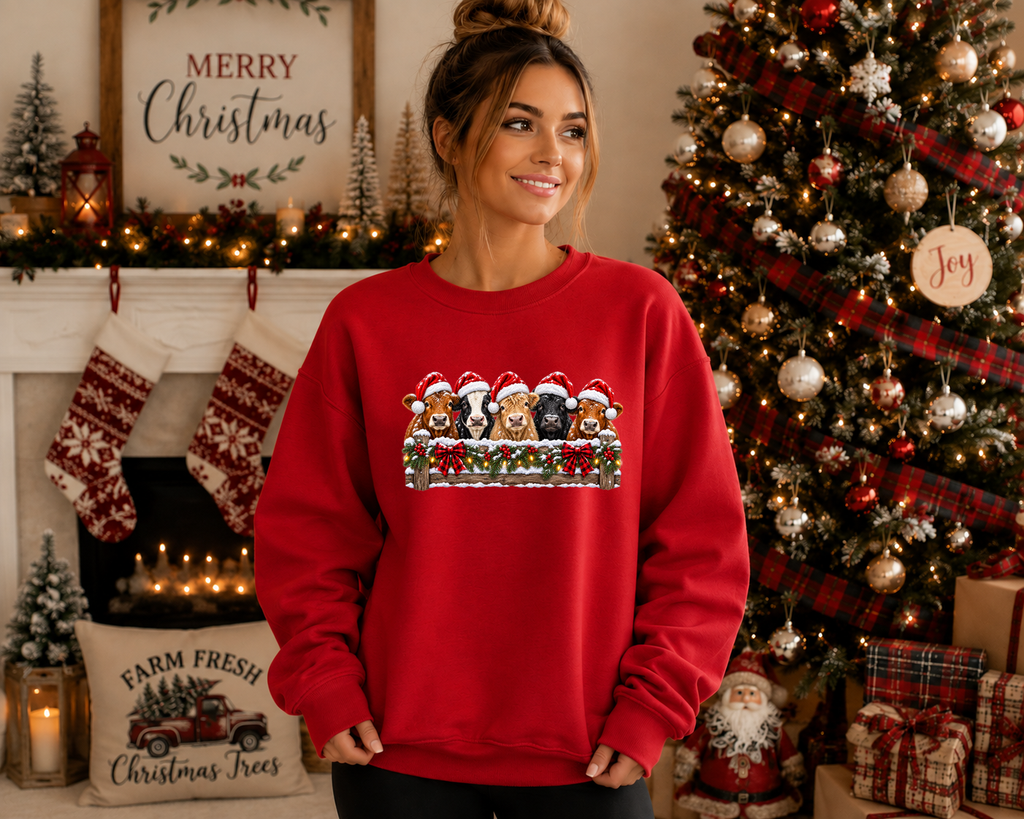 Christmas Cow Gildan Sweatshirt – Festive Farm Cow Crewneck, Santa Hat Cow Christmas Sweatshirt, Rustic Holiday Graphic Sweatshirt