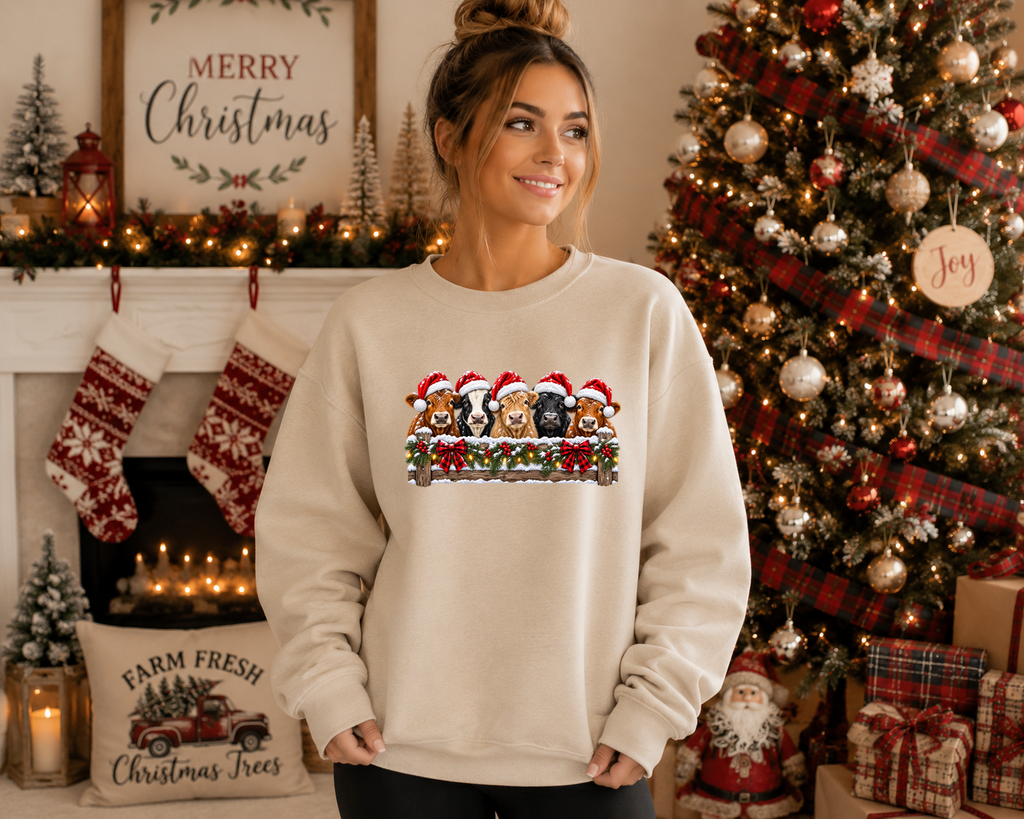 Christmas Cow Gildan Sweatshirt – Festive Farm Cow Crewneck, Santa Hat Cow Christmas Sweatshirt, Rustic Holiday Graphic Sweatshirt