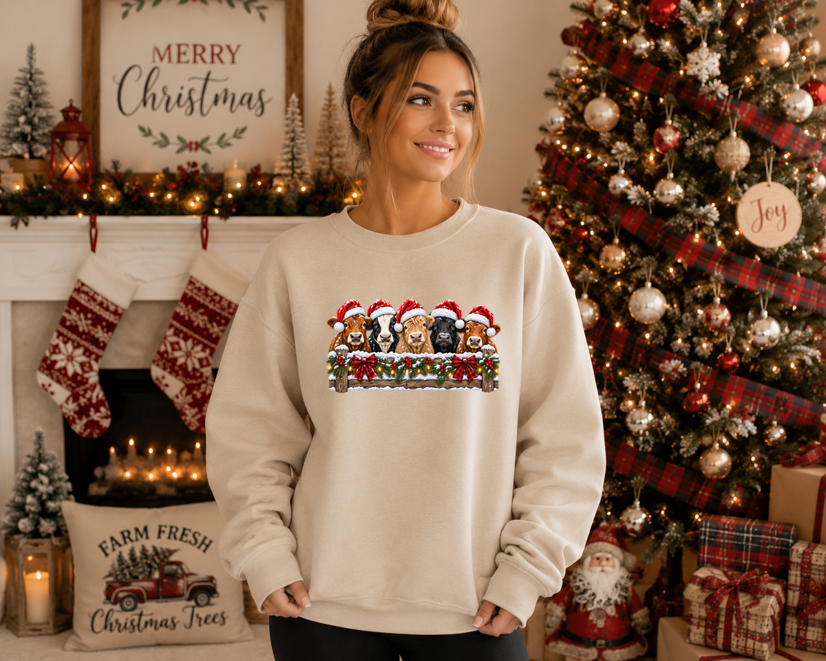 Christmas Cow Gildan Sweatshirt – Festive Farm Cow Crewneck, Santa Hat Cow Christmas Sweatshirt, Rustic Holiday Graphic Sweatshirt