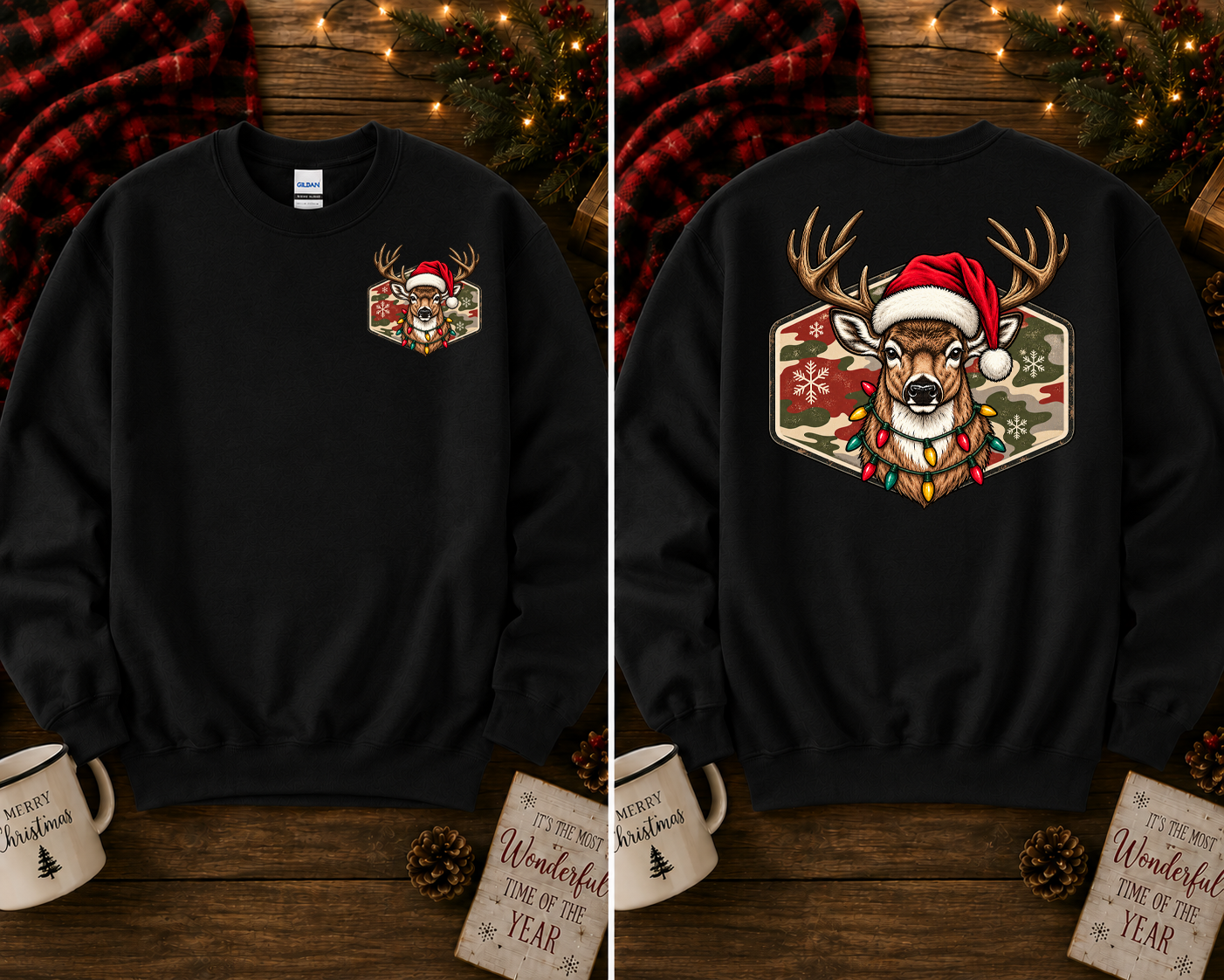 Christmas Deer Gildan Sweatshirt | Santa Hat Deer Christmas Lights Crewneck | Front & Back Holiday Graphic Sweatshirt