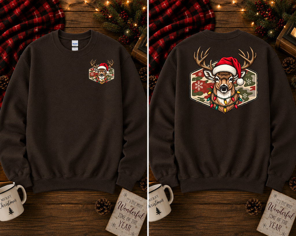 Christmas Deer Gildan Sweatshirt | Santa Hat Deer Christmas Lights Crewneck | Front & Back Holiday Graphic Sweatshirt