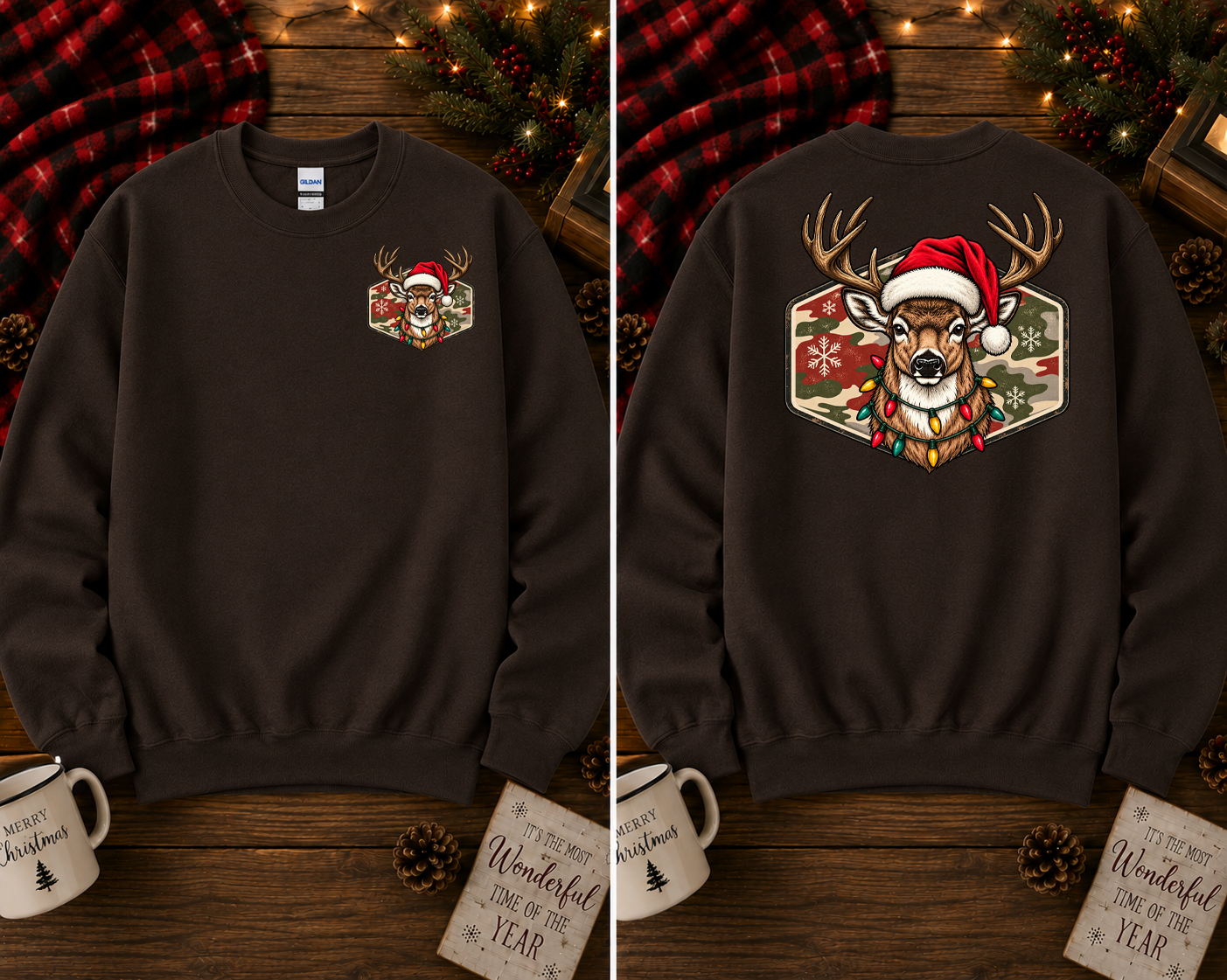 Christmas Deer Gildan Sweatshirt | Santa Hat Deer Christmas Lights Crewneck | Front & Back Holiday Graphic Sweatshirt