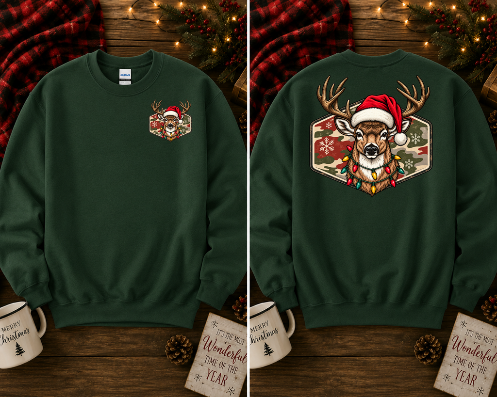 Christmas Deer Gildan Sweatshirt | Santa Hat Deer Christmas Lights Crewneck | Front & Back Holiday Graphic Sweatshirt