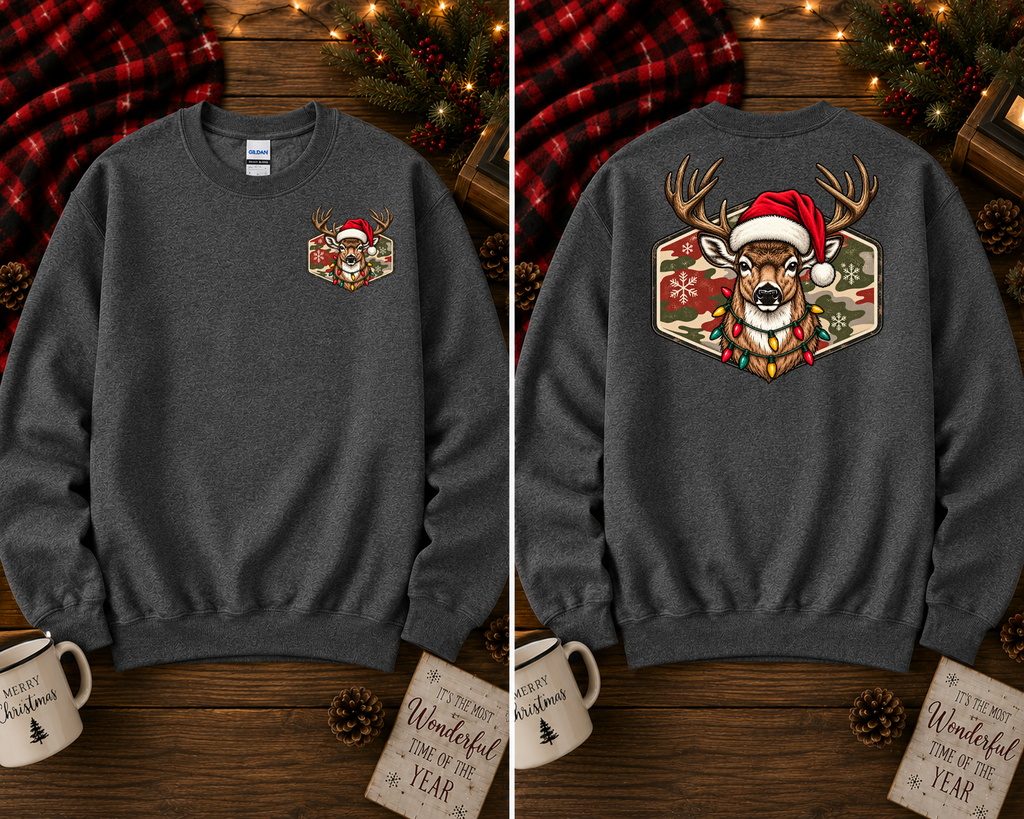 Christmas Deer Gildan Sweatshirt | Santa Hat Deer Christmas Lights Crewneck | Front & Back Holiday Graphic Sweatshirt