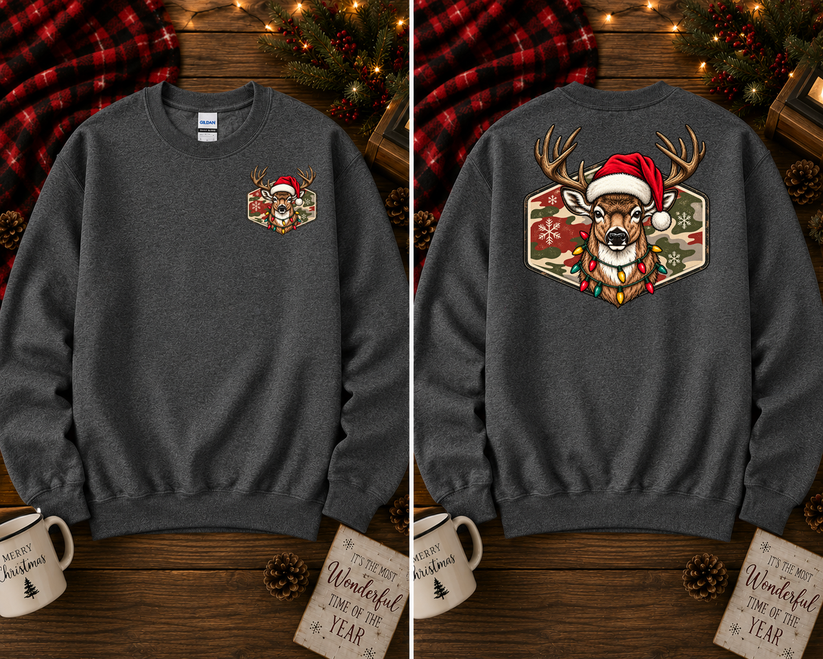 Christmas Deer Gildan Sweatshirt | Santa Hat Deer Christmas Lights Crewneck | Front & Back Holiday Graphic Sweatshirt