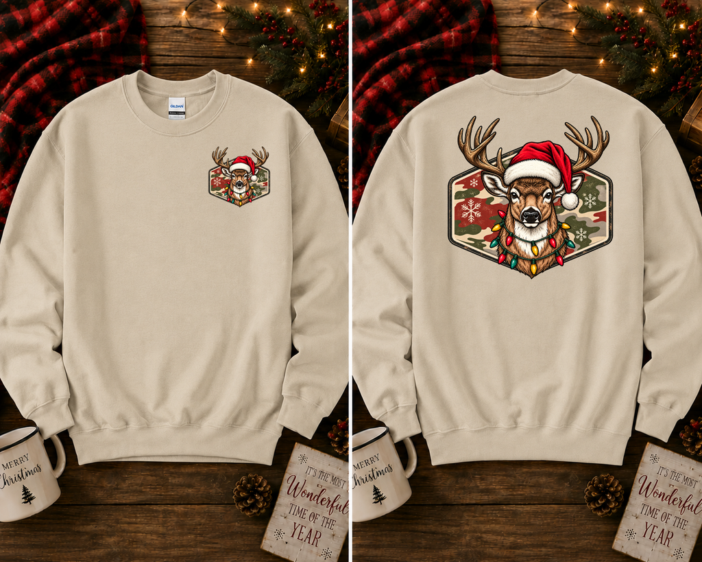 Christmas Deer Gildan Sweatshirt | Santa Hat Deer Christmas Lights Crewneck | Front & Back Holiday Graphic Sweatshirt