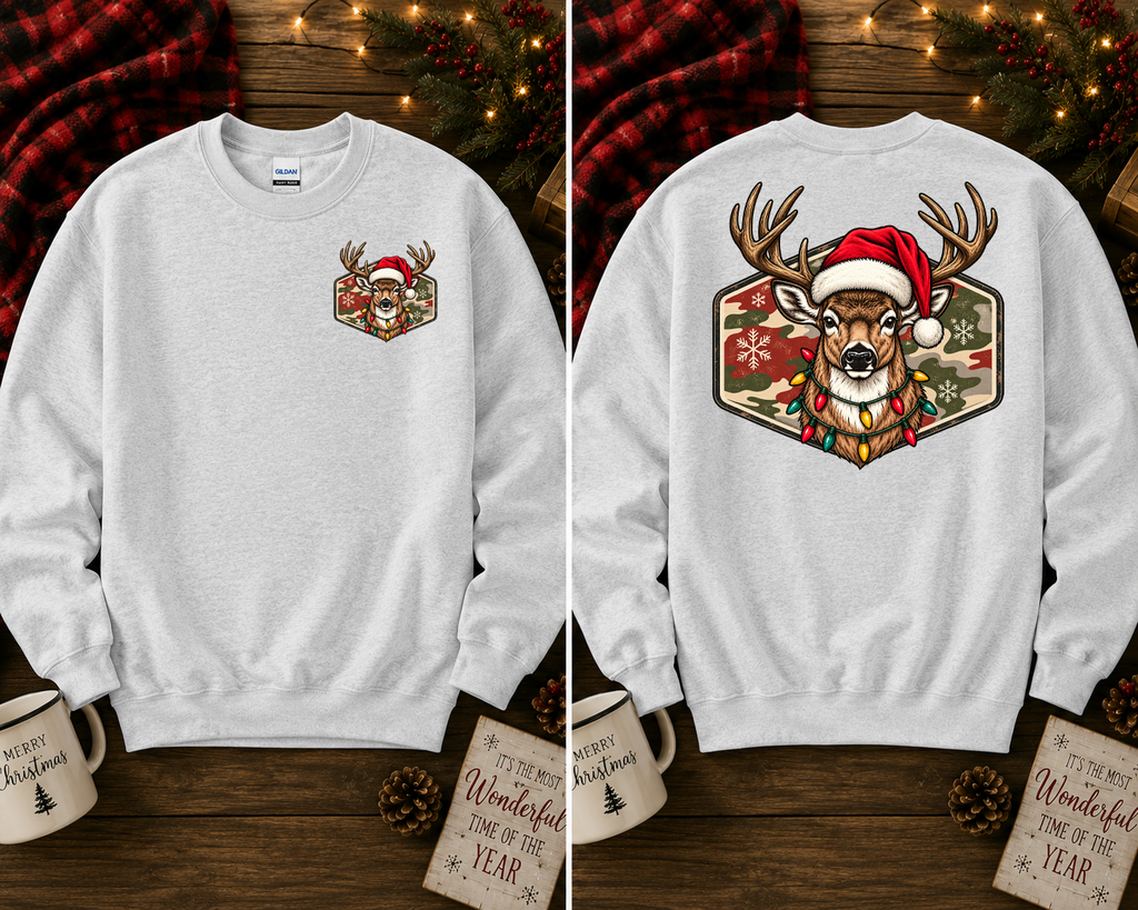 Christmas Deer Gildan Sweatshirt | Santa Hat Deer Christmas Lights Crewneck | Front & Back Holiday Graphic Sweatshirt