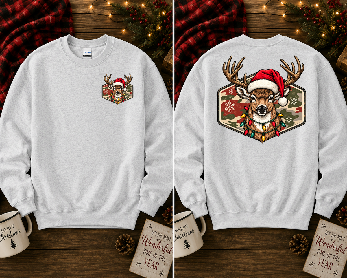 Christmas Deer Gildan Sweatshirt | Santa Hat Deer Christmas Lights Crewneck | Front & Back Holiday Graphic Sweatshirt