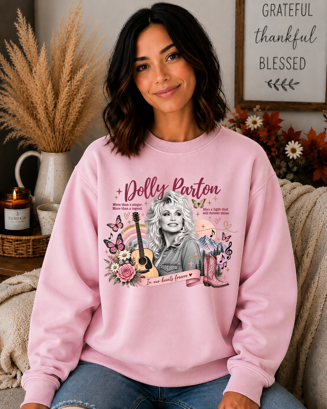Dolly Parton Tribute Gildan Sweatshirt | In Our Hearts Forever Country Music Crewneck | Pink Western Dolly Graphic Sweatshirt