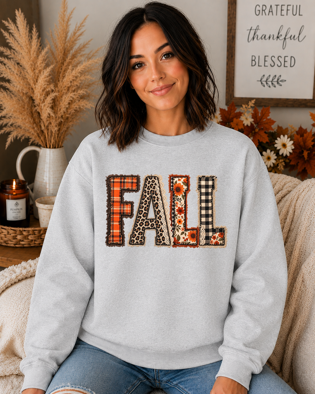 FALL Patchwork Gildan Sweatshirt | Cute Plaid Leopard & Floral Fall Crewneck | Cozy Autumn Graphic Sweatshirt