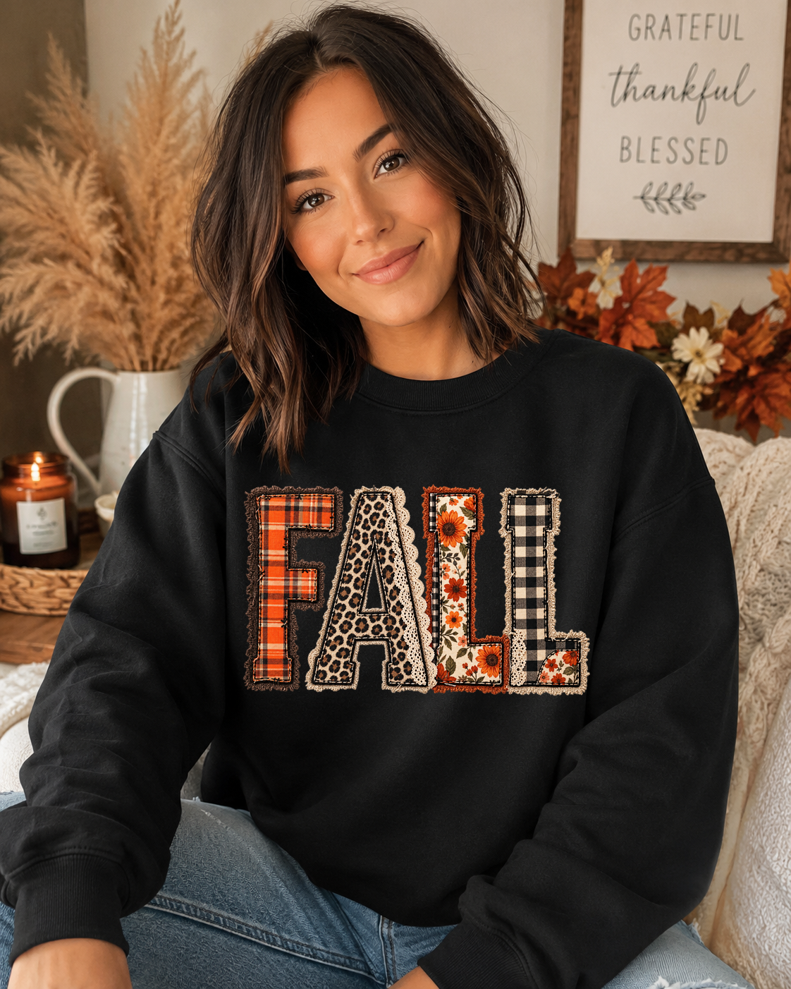 FALL Patchwork Gildan Sweatshirt | Cute Plaid Leopard & Floral Fall Crewneck | Cozy Autumn Graphic Sweatshirt