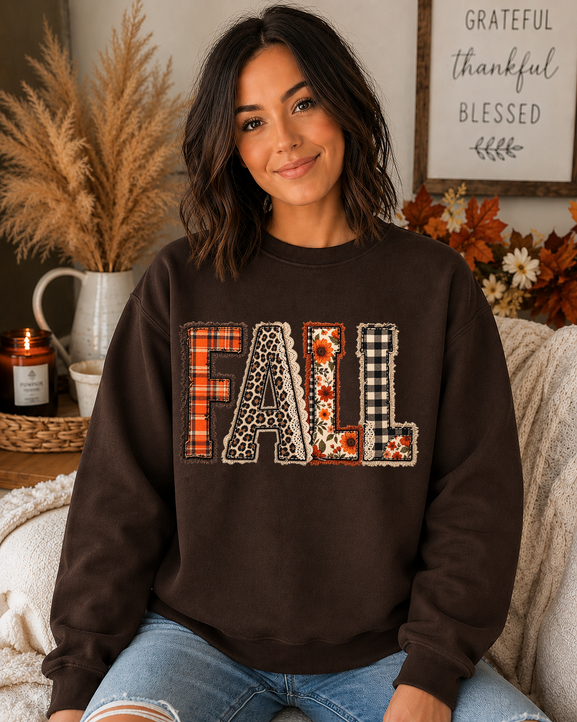 FALL Patchwork Gildan Sweatshirt | Cute Plaid Leopard & Floral Fall Crewneck | Cozy Autumn Graphic Sweatshirt