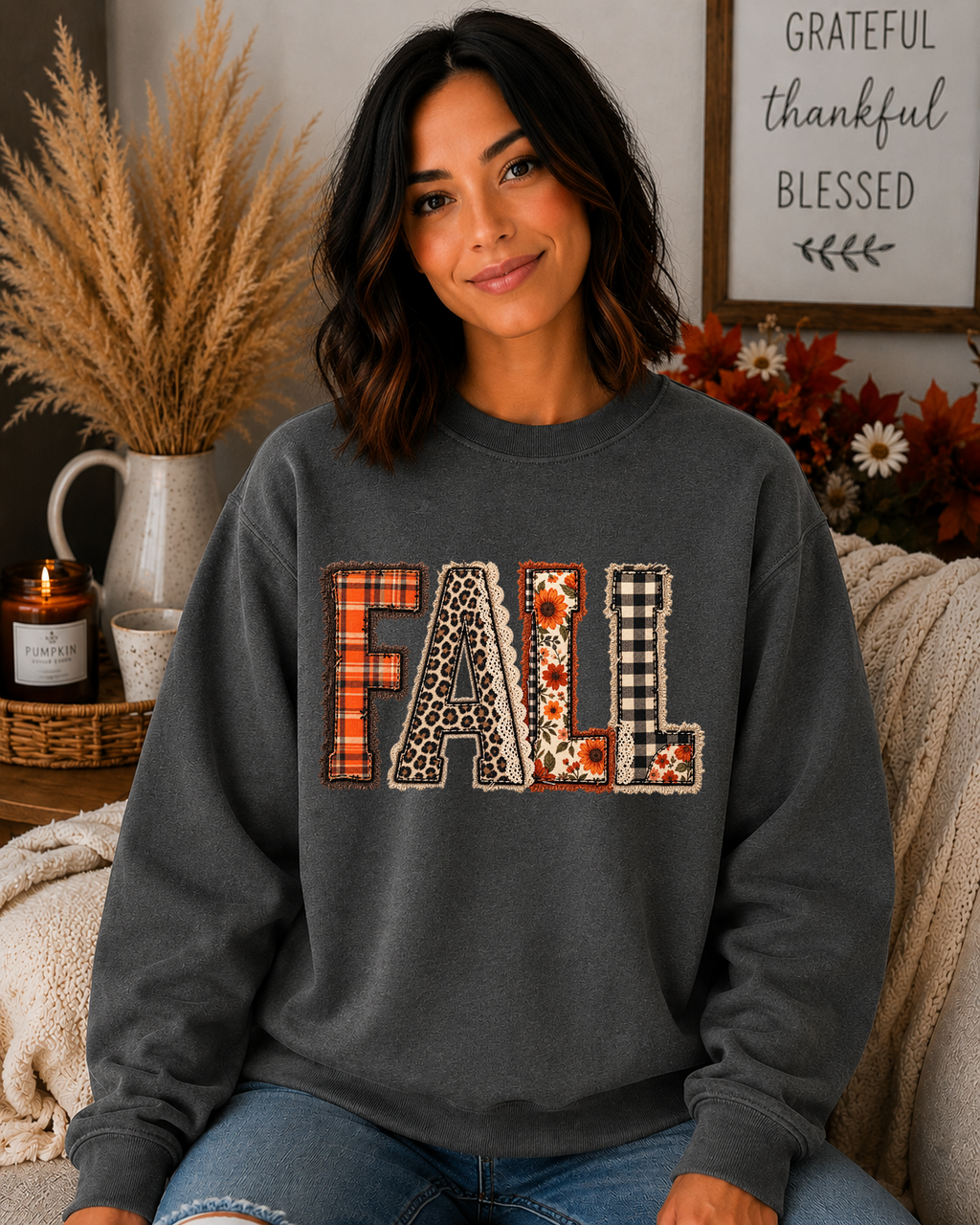 FALL Patchwork Gildan Sweatshirt | Cute Plaid Leopard & Floral Fall Crewneck | Cozy Autumn Graphic Sweatshirt
