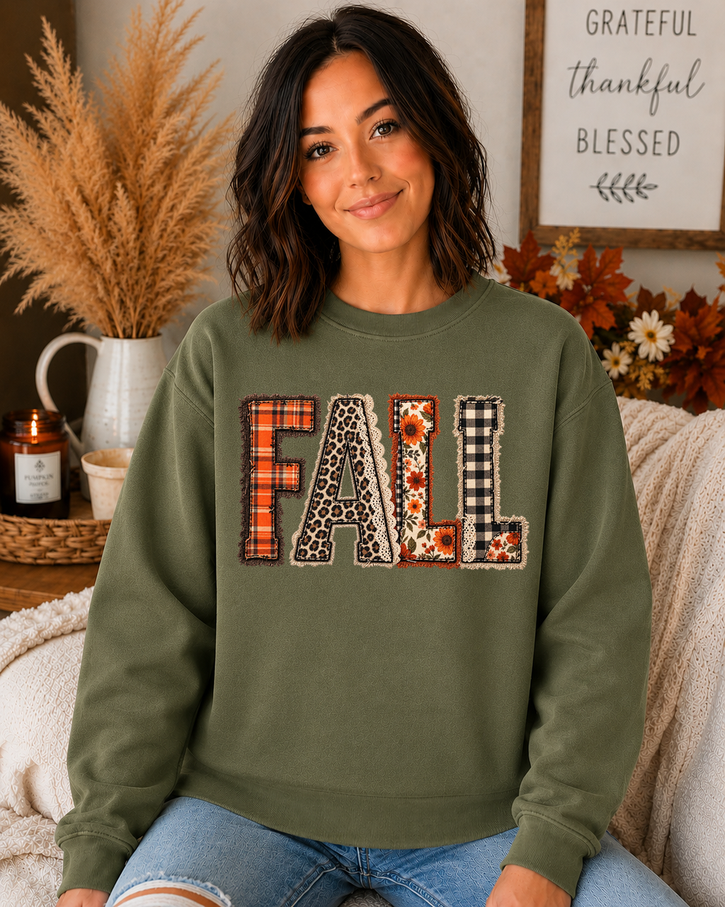 FALL Patchwork Gildan Sweatshirt | Cute Plaid Leopard & Floral Fall Crewneck | Cozy Autumn Graphic Sweatshirt