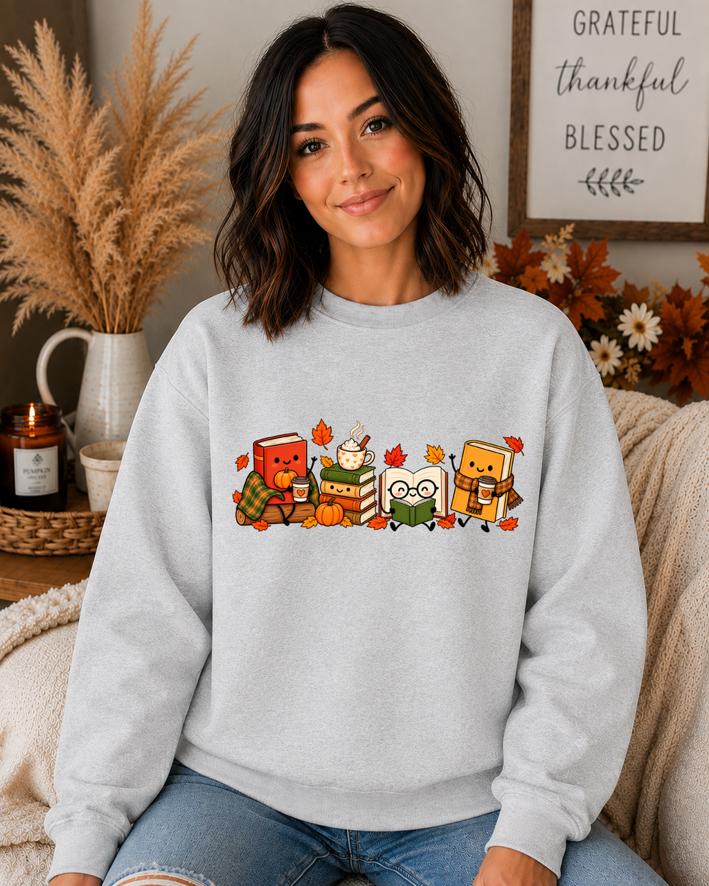 Cozy Fall Book Lover Gildan Sweatshirt – Cute Reading Books, Coffee & Pumpkin Autumn Graphic Crewneck