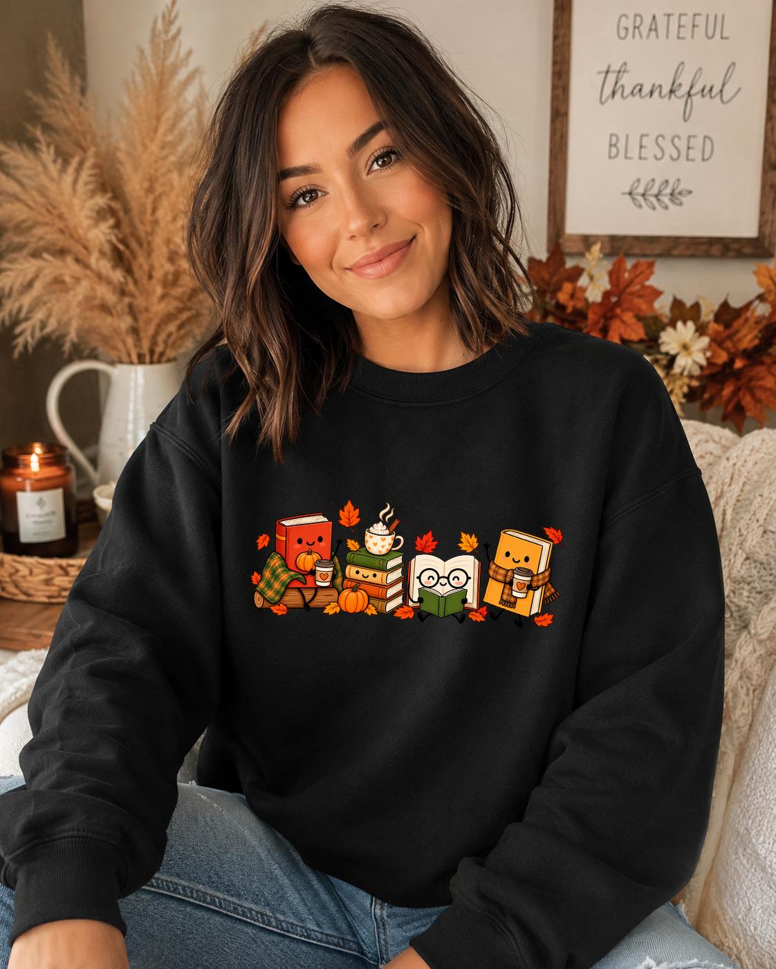 Cozy Fall Book Lover Gildan Sweatshirt – Cute Reading Books, Coffee & Pumpkin Autumn Graphic Crewneck
